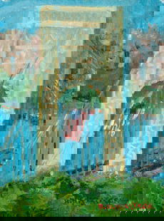 Robert Waltsak (NJ,b 1944) oil painting: ARTIST: Robert Alan Waltsak (New Jersey, born 1944) TITLE: Bridge Landscape MEDIUM: oil on canvas board CONDITION: Very good. No visible inpaint under UV light. Normal wear along edges. ART SIZE: 10