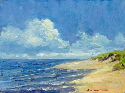 Robert Waltsak (NJ,b 1944) oil painting: ARTIST: Robert Alan Waltsak (New Jersey, born 1944) TITLE: Coastal Landscape MEDIUM: oil on canvas board CONDITION: Very good. No visible inpaint under UV light. ART SIZE: 12 x 16 inches / 30 x 40 cm