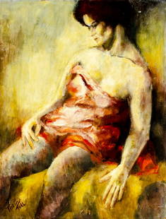 Thelma Thal (NY,1903-2001) oil painting: ARTIST: Thelma Thal (New York, 1903 - 2001) TITLE: Seated Woman MEDIUM: oil on board CONDITION: Some damages to corners. Some small scratches/paint losses. Some dark spots in the lower part of the