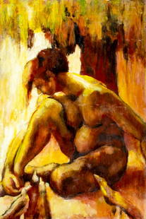 Thelma Thal (NY,1903-2001) oil painting: ARTIST: Thelma Thal (New York, 1903 - 2001) TITLE: Seated Nude MEDIUM: oil on board CONDITION: Some damage to lower left corner. Some scratches/paint losses. No visible inpaint under UV light. ART