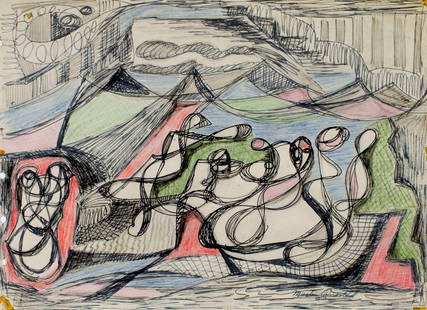 Martin Rosenthal (NY,MA,1899-1974) mixed media painting: ARTIST: Martin Rosenthal (New York, Massachusetts, 1899 - 1974) TITLE: Abstract Composition MEDIUM: mixed media on paper CONDITION: Some age toning. ART SIZE: 9 x 12 inches / 22 x 30 cm FRAME SIZE: