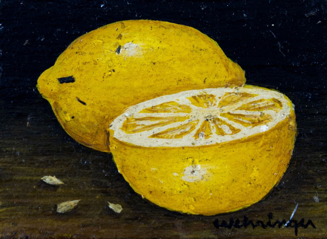 Charles Wehringer (NY,20C) oil painting: ARTIST: Charles Wehringer (New York, 20 century) TITLE: Still Life with Lemon MEDIUM: oil on board CONDITION: One minor scratch by the lower right corner. No visible inpain