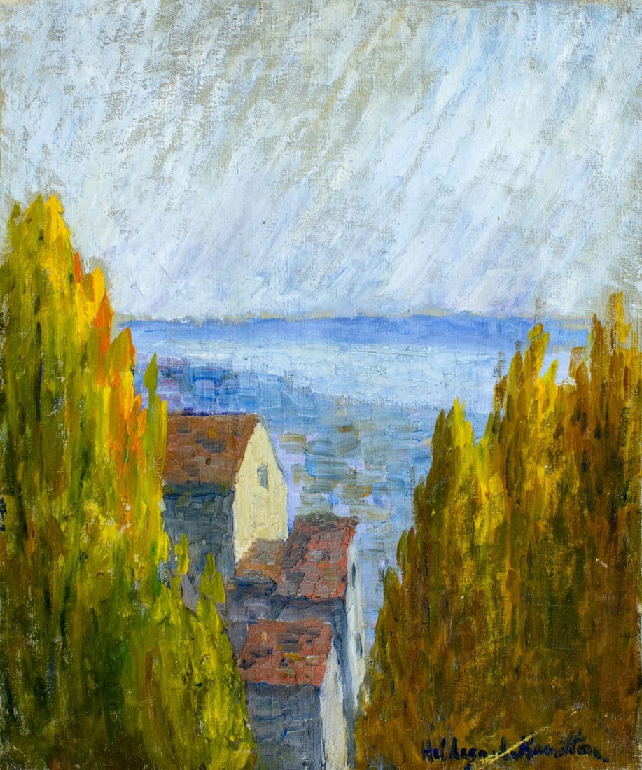 Hildegarde Hamilton (FL,VA,1898-1970) oil painting: ARTIST: Hildegarde Hume Hamilton (Florida, Virginia, 1898 - 1970) TITLE: Autumn Coastal Town Scene MEDIUM: oil on canvas CONDITION: Some scratches/paint losses. Some craqu