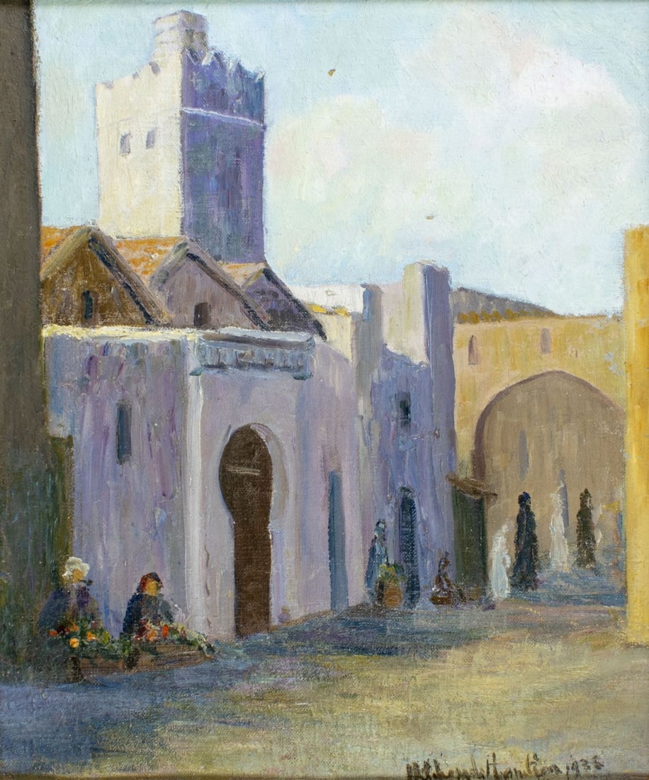 Hildegarde Hamilton (FL,VA,1898-1970) oil painting antique: ARTIST: Hildegarde Hume Hamilton (Florida, Virginia, 1898 - 1970) TITLE: Morocco Street Scene (titled on verso) YEAR: 1936 MEDIUM: oil on canvas CONDITION: