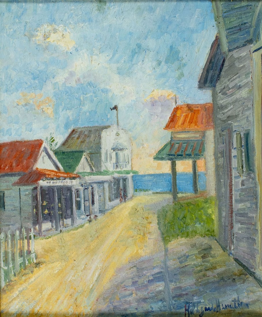 Hildegarde Hamilton (FL,VA,1898-1970) oil painting: ARTIST: Hildegarde Hume Hamilton (Florida, Virginia, 1898 - 1970) TITLE: Coastal Town Scene MEDIUM: oil on canvas CONDITION: Some paint losses. Some craquelure. Few scatte