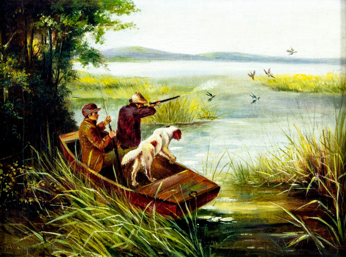 F Baloh (US,early 20C) oil painting antique: ARTIST: F Baloh (American, early 20 century) TITLE: Duck Shooting MEDIUM: oil on canvas CONDITION: Relined. Few small paint losses. No visible inpaint under UV light. Some d