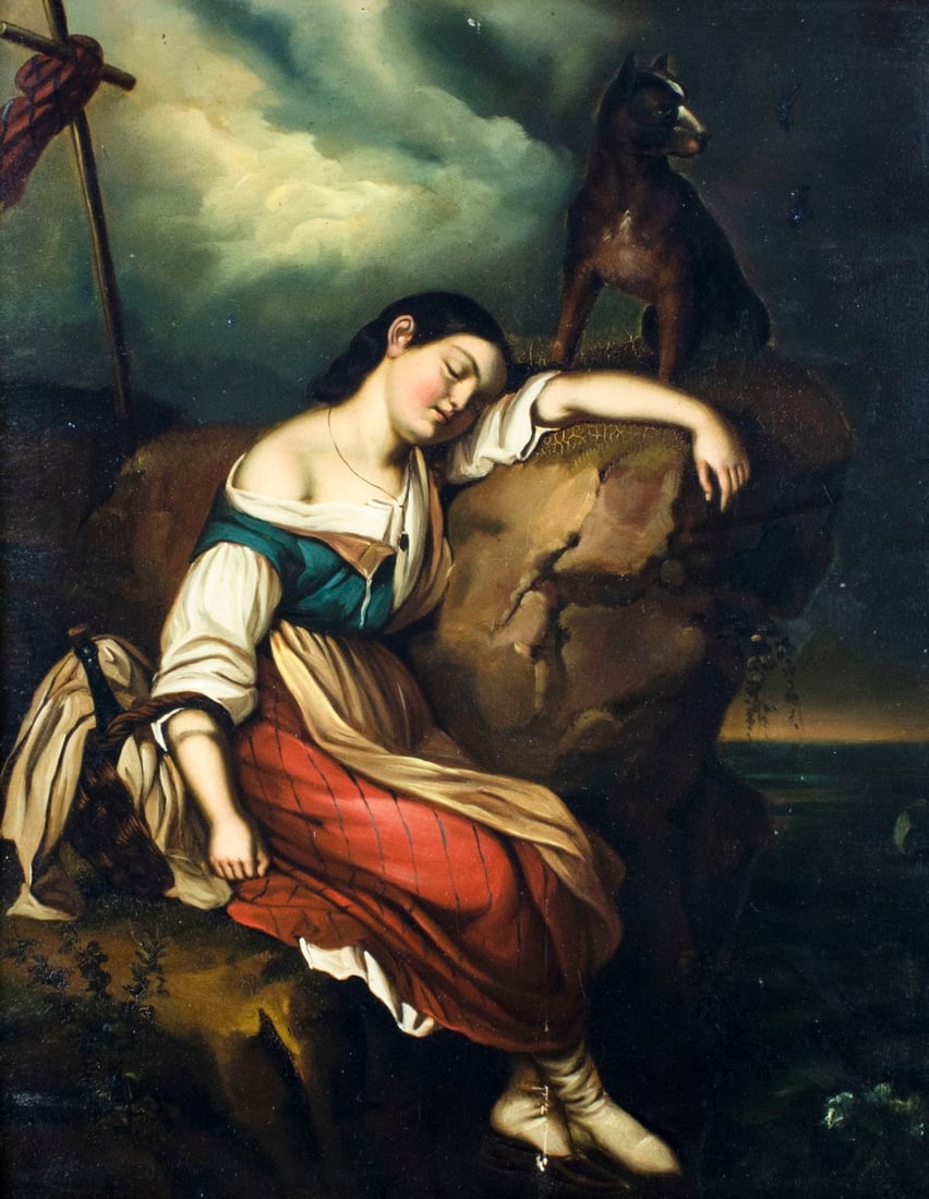 Antique early 20C European oil painting: ARTIST: - (Europe, early 20 century) TITLE: Sleeping Girl with Dog MEDIUM: oil on metal CONDITION: Few scratches. Few scattered small inpaitings. Minor craquelure. Wear to