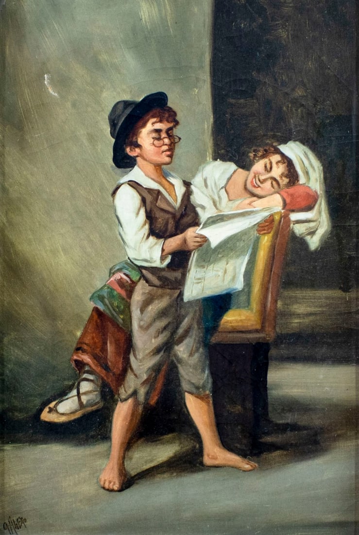 G Aleto (Italy,early 20C) oil painting antique: ARTIST: G Aleto (Italian, early 20 century) TITLE: Children Reading Newspaper MEDIUM: oil on canvas CONDITION: One small patch repaired tear with corresponding paint loss. S