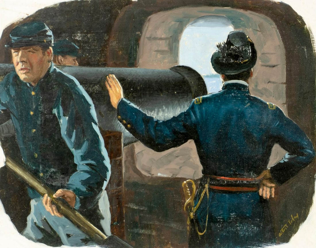 Alton Tobey (CT,1914-2005) oil painting: ARTIST: Alton Stanley Tobey (Connecticut, 1914 - 2005) TITLE: Federal Troops Wait, Fort Sumter, SC MEDIUM: oil on board CONDITION: Some paint losses mostly along edges. N