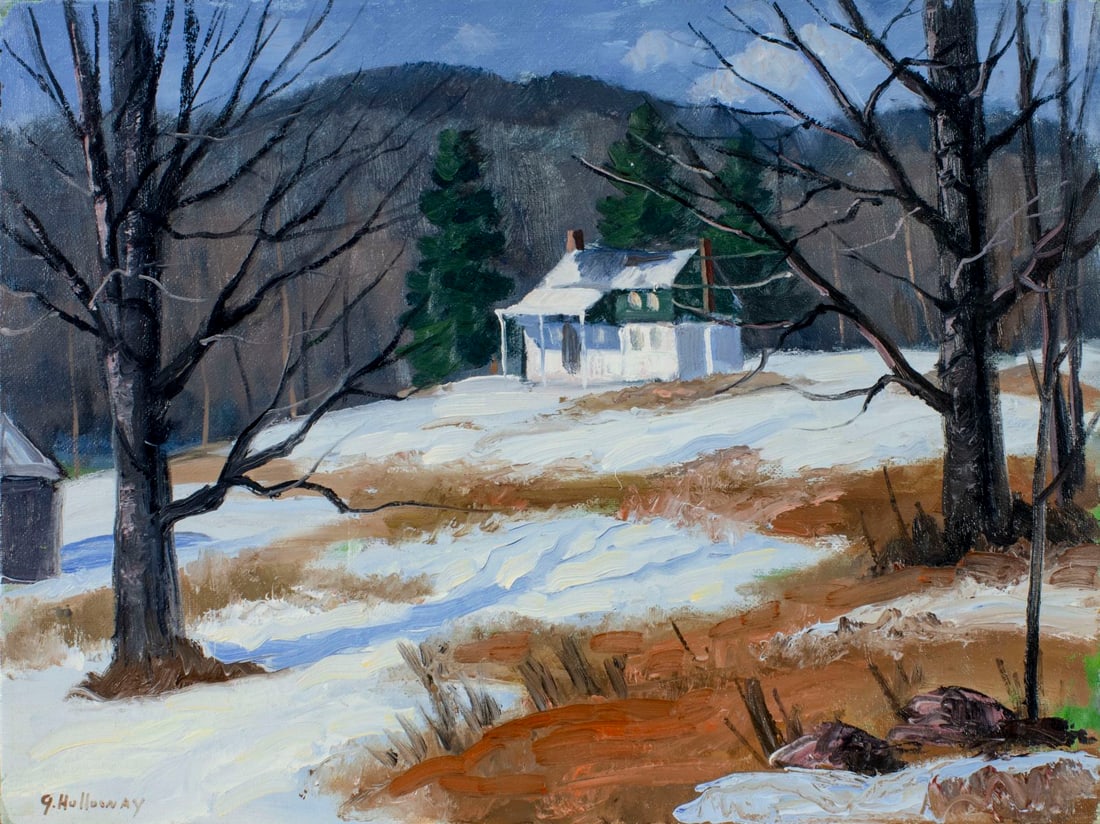 George Holloway (NJ,20C) oil painting: ARTIST: George R Holloway (New Jersey, 20 century) TITLE: Winter Landscape with Cottage MEDIUM: oil on canvas board CONDITION: Small paint losses by the corners. No visible