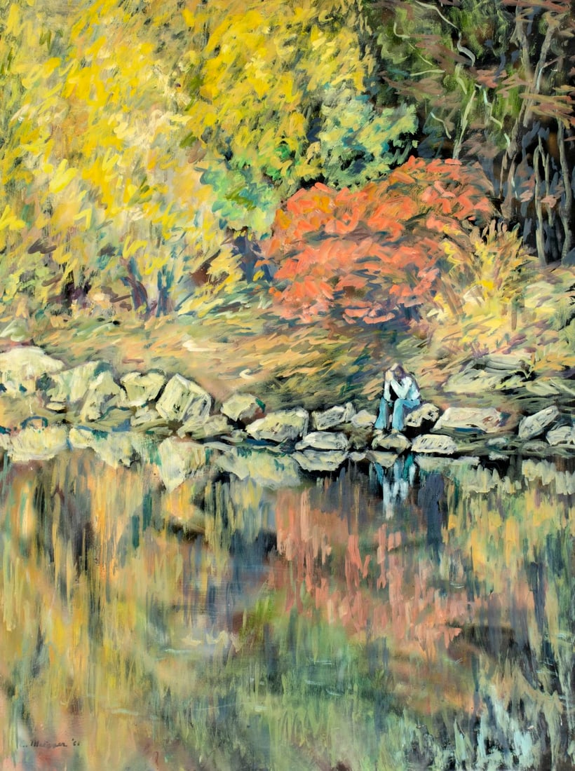 Evelyn Metzger (NY,Brazil,1911-2007) oil painting: ARTIST: Evelyn Borchard Metzger (New York, Brazilian, 1911 - 2007) TITLE: Reflection (titled on verso) MEDIUM: oil on board CONDITION: Some small scratches/paint losses mo