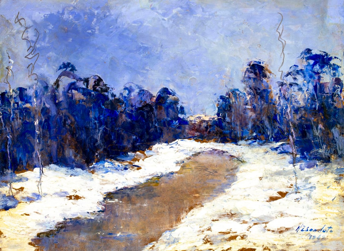 Nina Zbanduto (Russia,US,1894-1988) oil painting: ARTIST: Nina Zbanduto (Russian, American, 1894 - 1988) TITLE: Winter Stream Landscape YEAR: 1969 MEDIUM: oil on board CONDITION: Very good. No visible