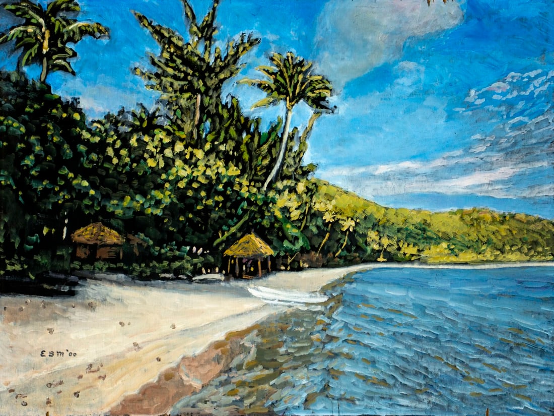 Evelyn Metzger (NY,Brazil,1911-2007) oil painting: ARTIST: Evelyn Borchard Metzger (New York, Brazilian, 1911 - 2007) TITLE: Bora Bora (titled on verso) YEAR: 2000 MEDIUM: oil on board CONDITION: Some d