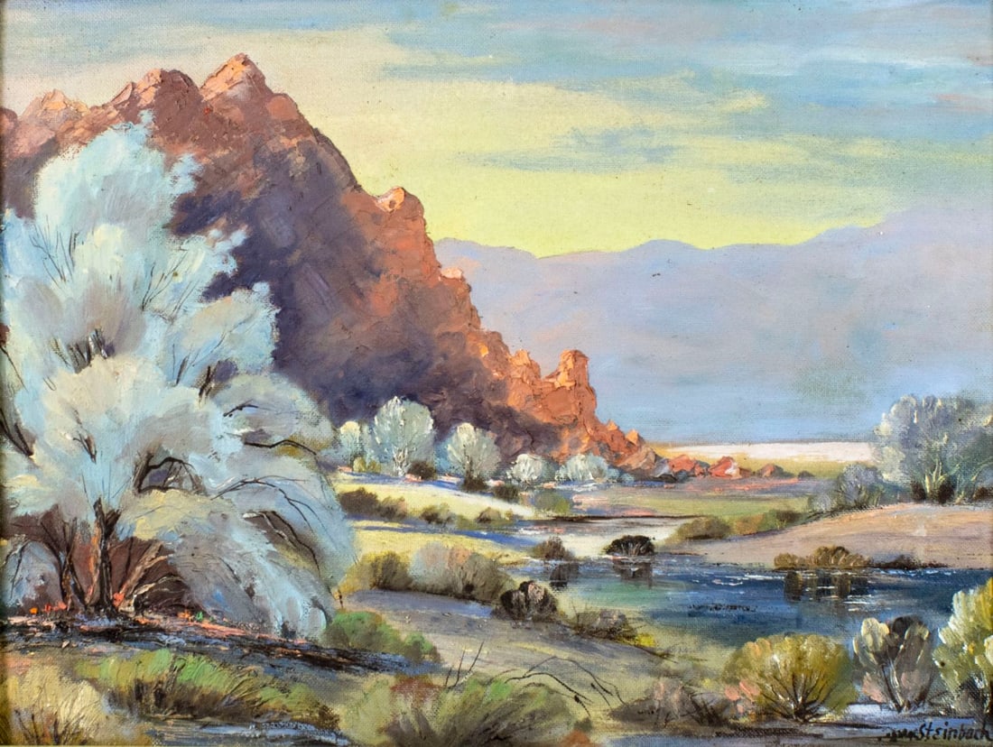 William Steinbach (CA,1912-1987) oil painting: ARTIST: William Bill Steinbach (San Diego, California, 1912 - 1987) TITLE: Desert Landscape - In the Mojave (titled on verso) MEDIUM: oil on board CONDITION: Few minor pai