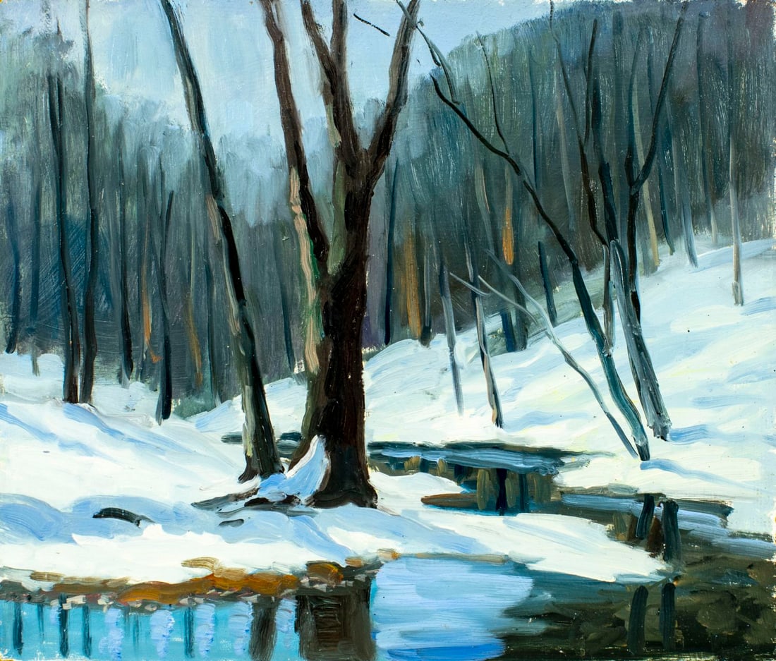 George Holloway (NJ,20C) oil painting: ARTIST: George Holloway (New Jersey, 20 century) TITLE: Winter Forest Landscape MEDIUM: oil on board CONDITION: Few minor paint losses. No visible inpaint under UV light.