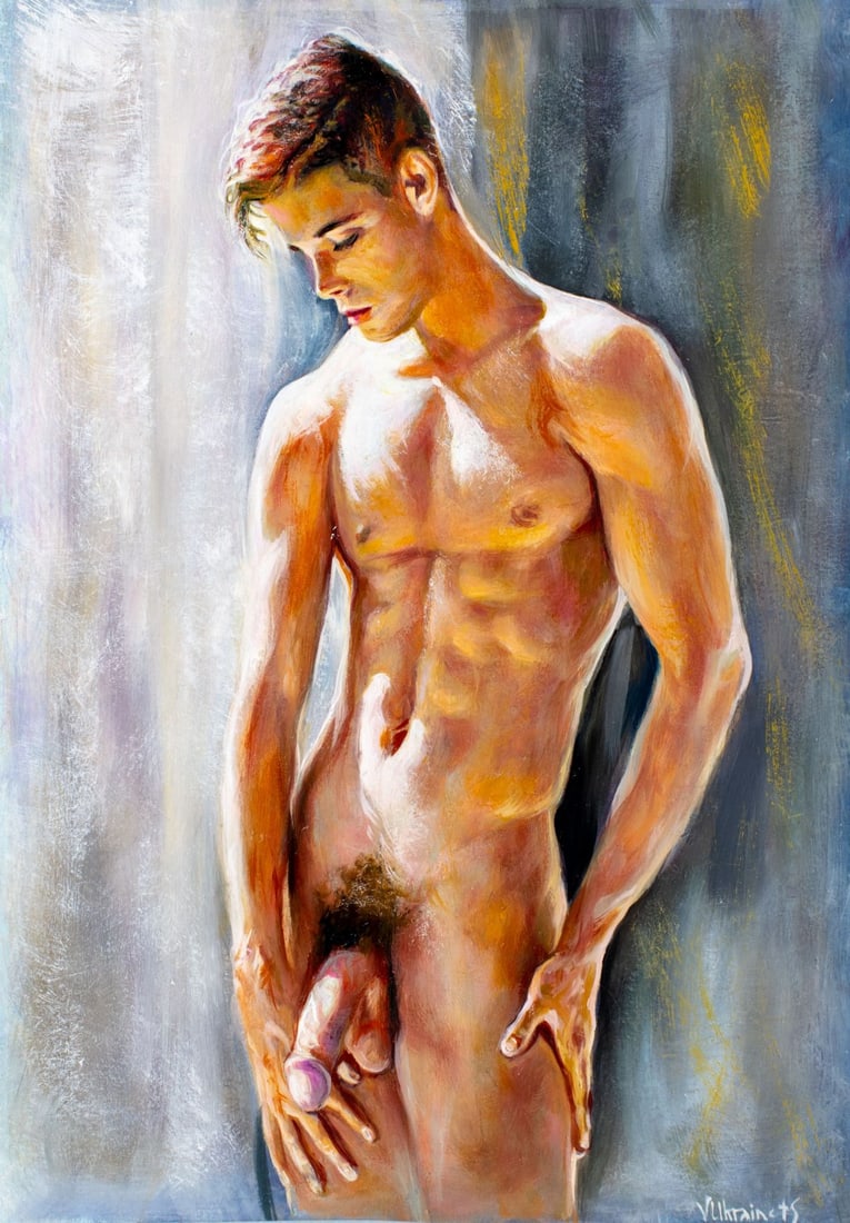 Valentin Ukrainets (Ukraine,b 1965) acrylic painting: ARTIST: Valentin Ukrainets (Ukrainian, born 1965) TITLE: Nude Male - The Sun's Rays (titled on verso) MEDIUM: acrylic on heavy paper CONDITION: Very good. No visible inpaint