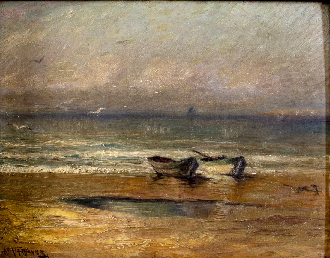 Albert Graves (MA,1862-1950) oil painting: ARTIST: Albert Melville Graves (Massachusetts, 1862 - 1950) TITLE: Sunset Seascape with Boats MEDIUM: oil on board CONDITION: Few very minor paint losses. No visible inpai