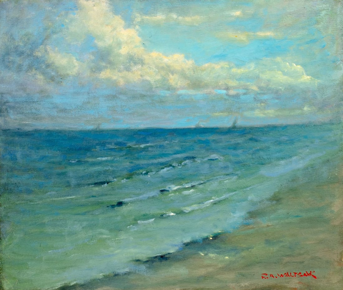 Robert Waltsak (NJ,b 1944) oil painting: ARTIST: Robert Alan Waltsak (New Jersey, born 1944) TITLE: Seascape MEDIUM: oil on canvas board CONDITION: Missing a few flakes of paint. Few minor scratches. No visible inp