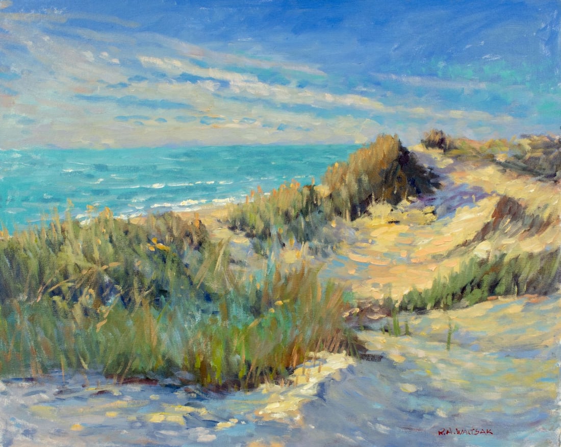 Robert Waltsak (NJ,b 1944) oil painting: ARTIST: Robert Alan Waltsak (New Jersey, born 1944) TITLE: Coastal Landscape MEDIUM: oil on canvas board CONDITION: Very good. No visible inpaint under UV light.