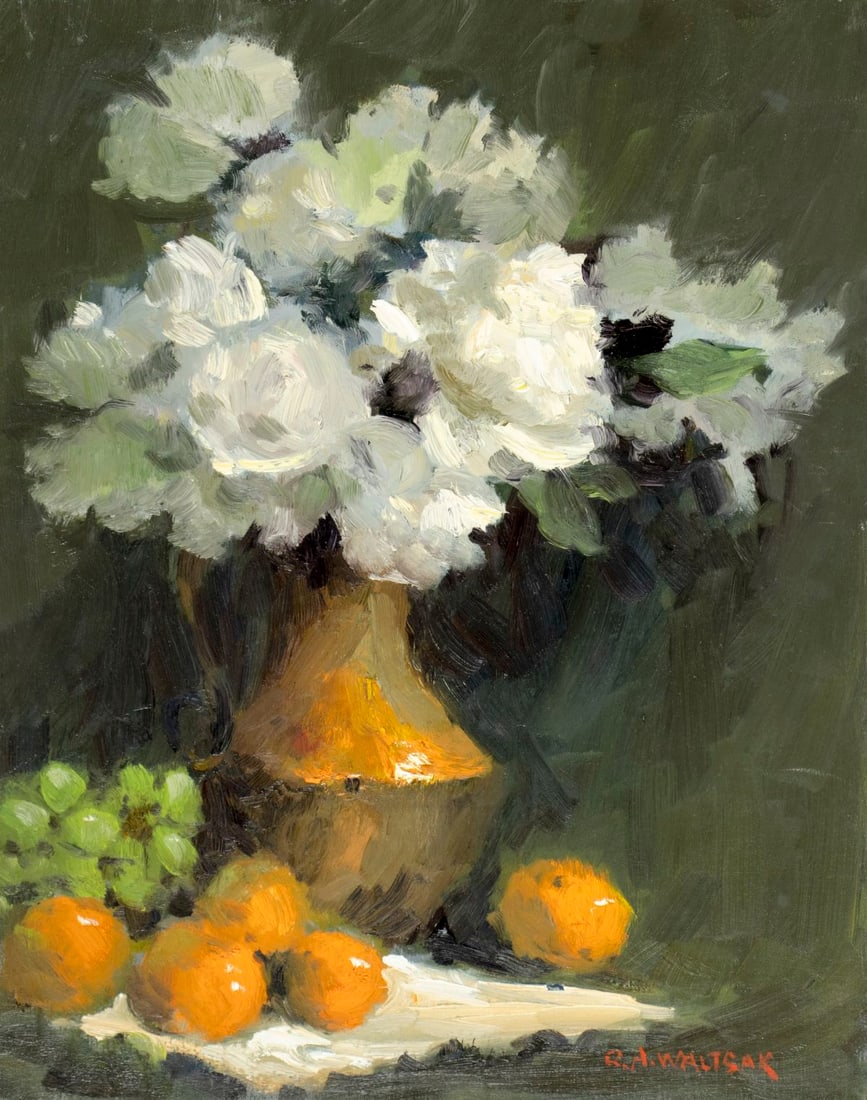 Robert Waltsak (NJ,b 1944) oil painting: ARTIST: Robert Alan Waltsak (New Jersey, born 1944) TITLE: Still Life with Vase of Flowers and Fruit MEDIUM: oil on canvas CONDITION: One minor dent by the upper edge. No vi