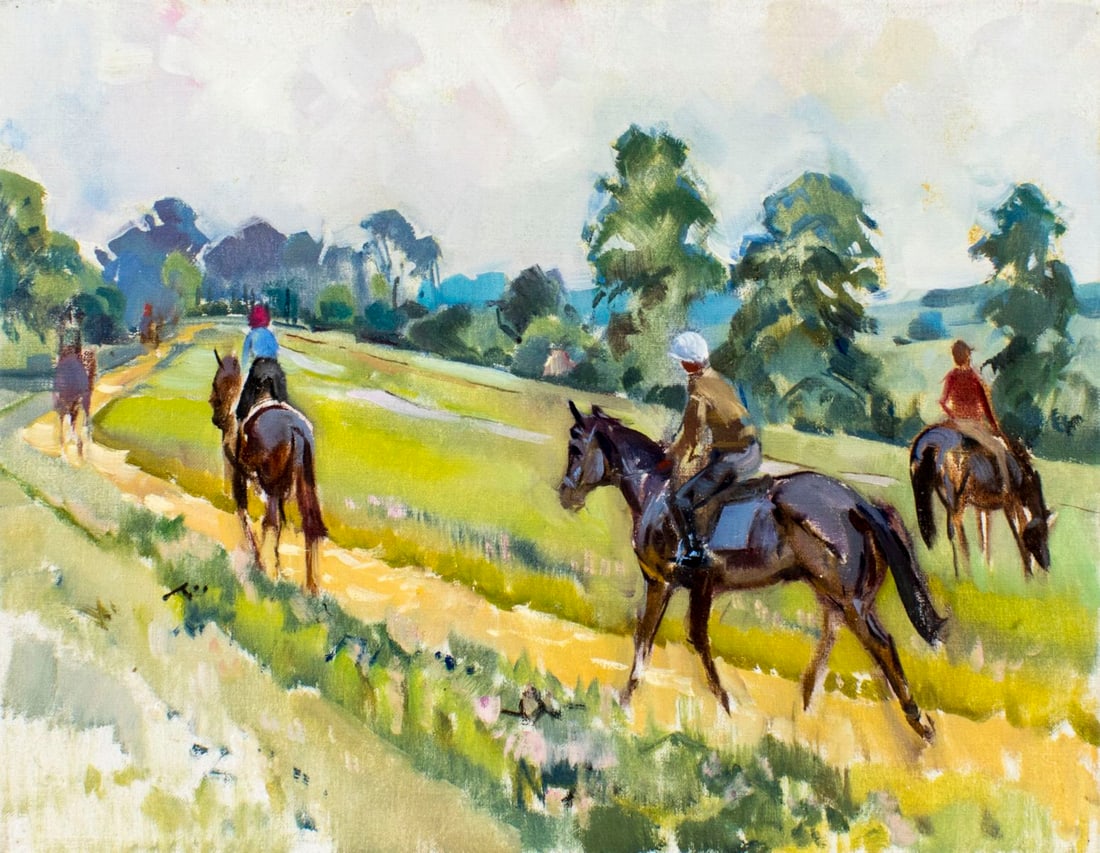 Peter Williams (NY,New Zealand,1934-2018) oil painting: ARTIST: Peter Williams (New York, New Zealand, 1934 - 2018) TITLE: Riding Out at Arundel MEDIUM: oil on canvas CONDITION: Very good. No visible inpaint under UV light.