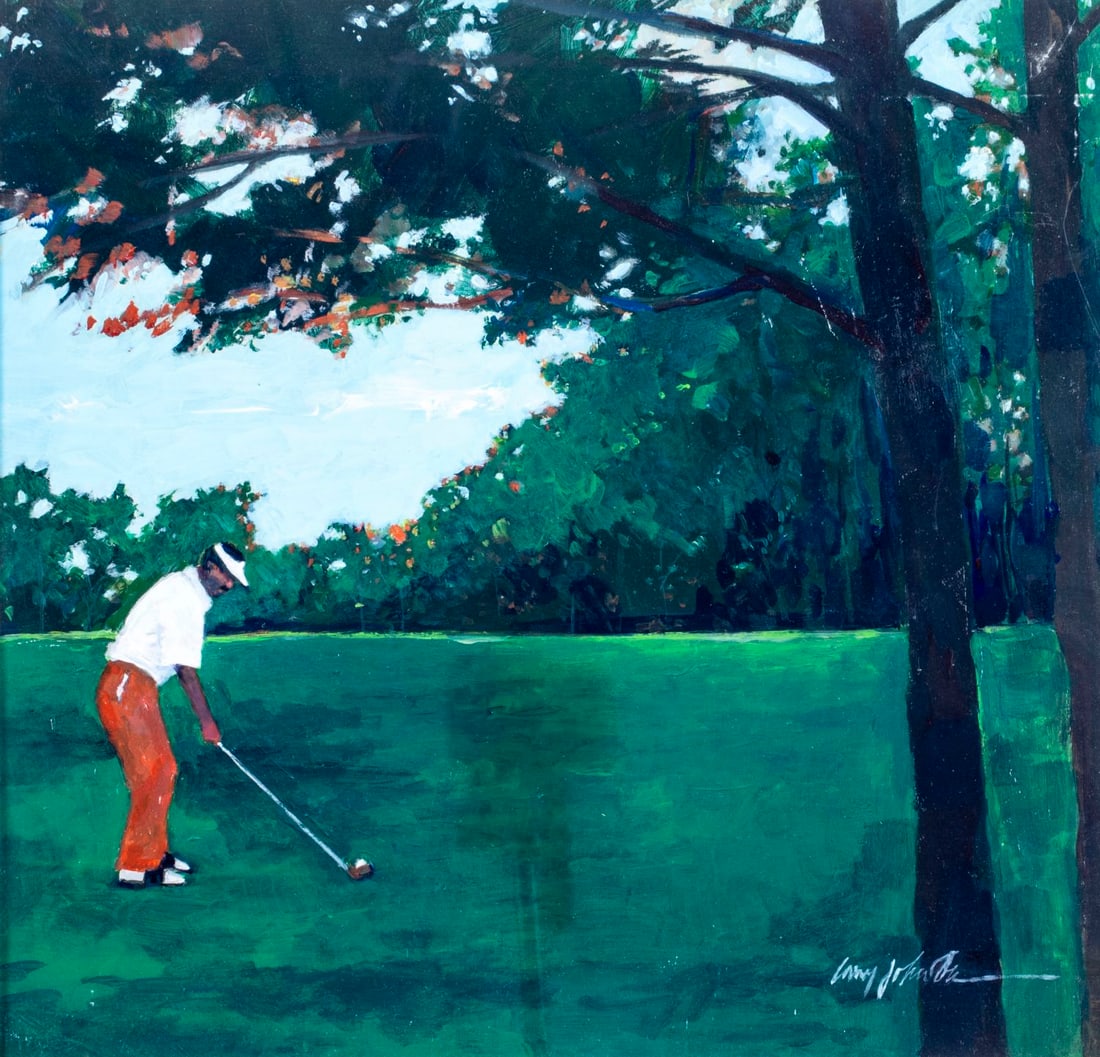 Larry Johnson (US,b 1949) oil painting: ARTIST: Larry Johnson (American, born 1949) TITLE: Golf Scene - Twilight MEDIUM: oil on board CONDITION: One faint scratch 2" long. No visible inpaint under UV light.