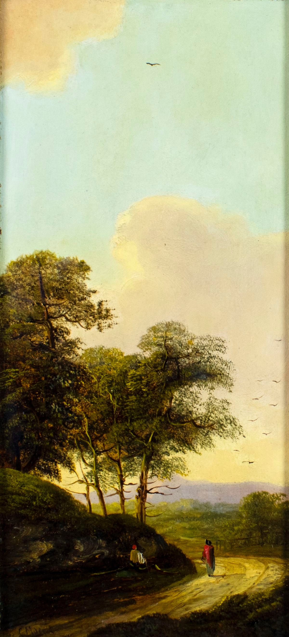 Charles Greville Morris (UK,1861-1922) oil painting antique: ARTIST: Charles Greville Morris (United Kingdom, 1861 - 1922) TITLE: Sunset Landscape MEDIUM: oil on board CONDITION: Small scattered inpaintings/touch ups. Normal wear al