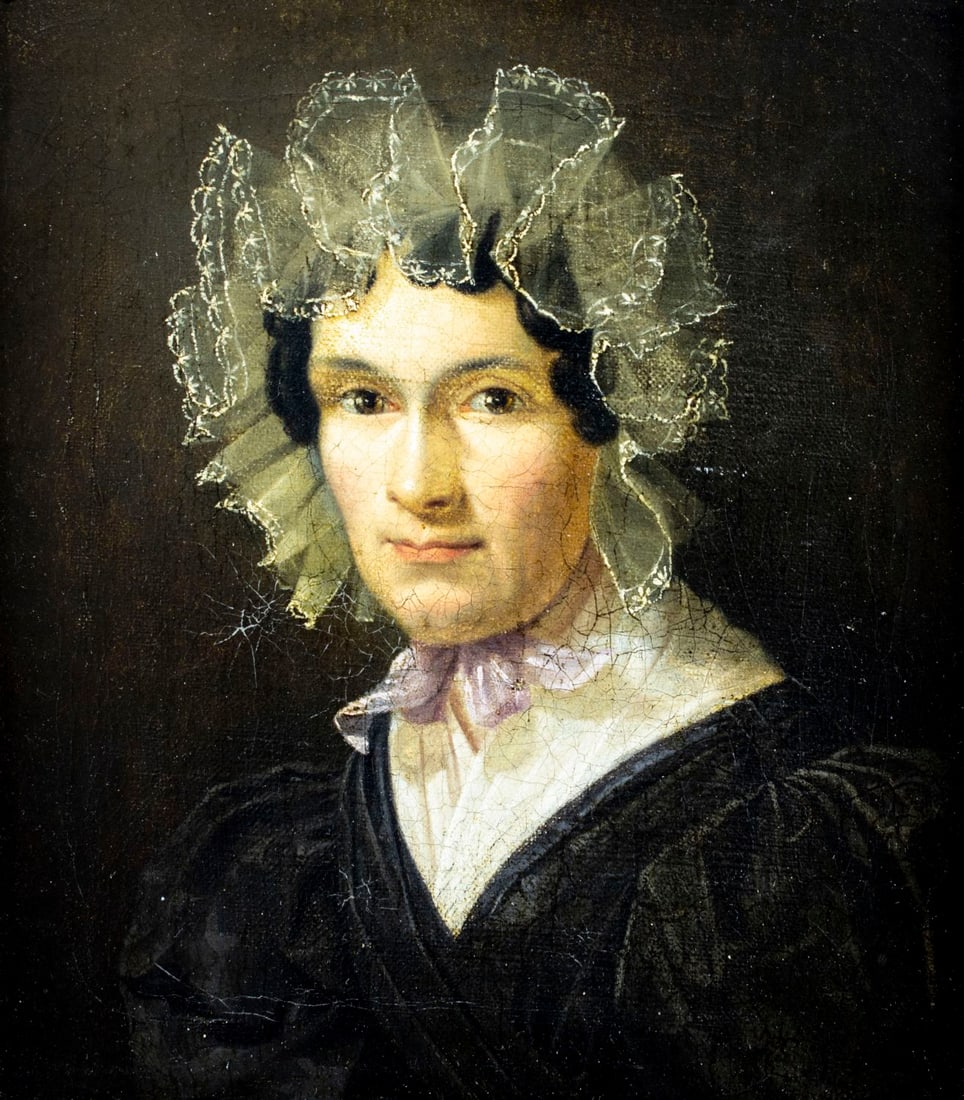 Antique 19C American oil painting: ARTIST: - (American, 19 century) TITLE: Portrait of Woman with Lace Bonnet MEDIUM: oil on canvas CONDITION: Relined. Missing a few flakes of paint. Some stable craquelure.