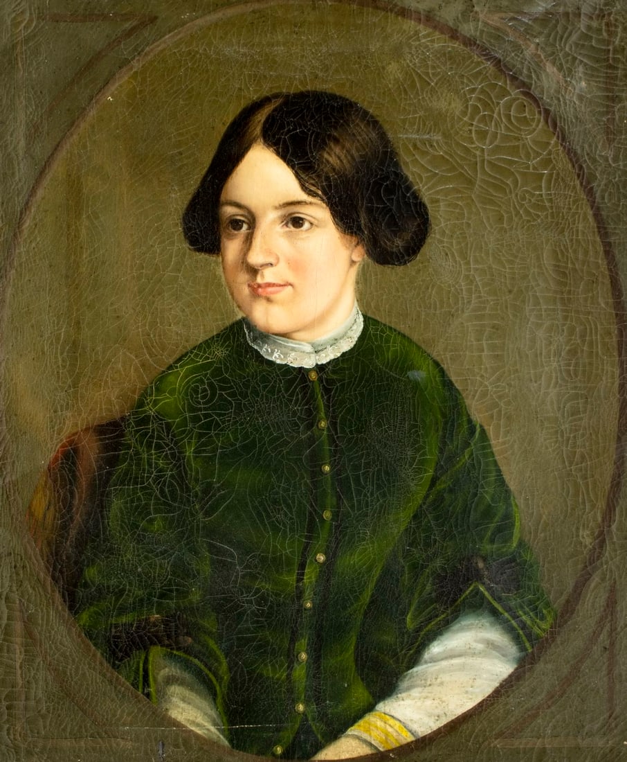 Antique 19C European oil painting: ARTIST: - (Europe, 19 century) TITLE: Portrait of Young Woman MEDIUM: oil on canvas CONDITION: One patch. Some small damages to the upper edge of canvas. Some small scrat