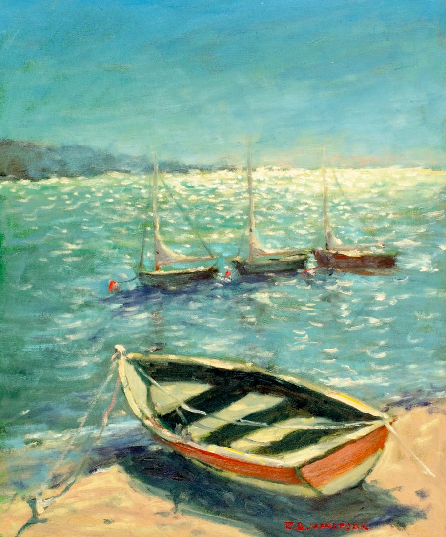 Robert Waltsak (NJ,b 1944) oil painting: ARTIST: Robert Alan Waltsak (New Jersey, born 1944) TITLE: Seascape with Boats MEDIUM: oil on canvas board CONDITION: Very good. No visible inpaint under UV light.