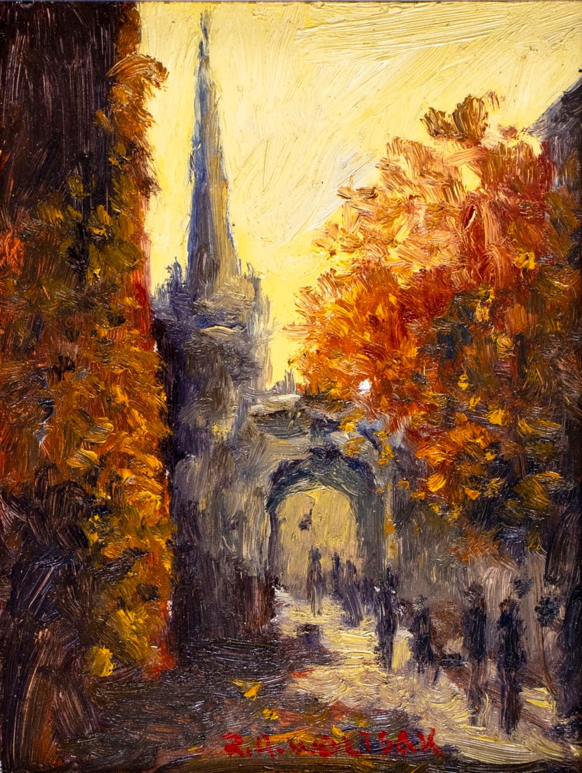 Robert Waltsak (NJ,b 1944) oil painting: ARTIST: Robert Alan Waltsak (New Jersey, born 1944) TITLE: Autumn Cityscape MEDIUM: oil on board CONDITION: Very good. No visible inpaint under UV light. ART SIZE