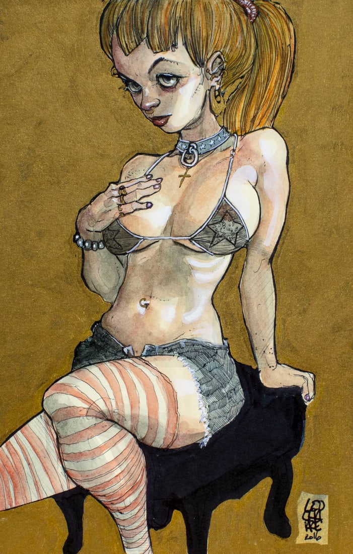 Leo Charre (VA,MA,20/21C) mixed media painting: ARTIST: Leo Charre (Virginia, Massachusetts, 20/21 centuries) TITLE: Pin up Girl YEAR: 2016 MEDIUM: mixed media on paper CONDITION: Very good.
