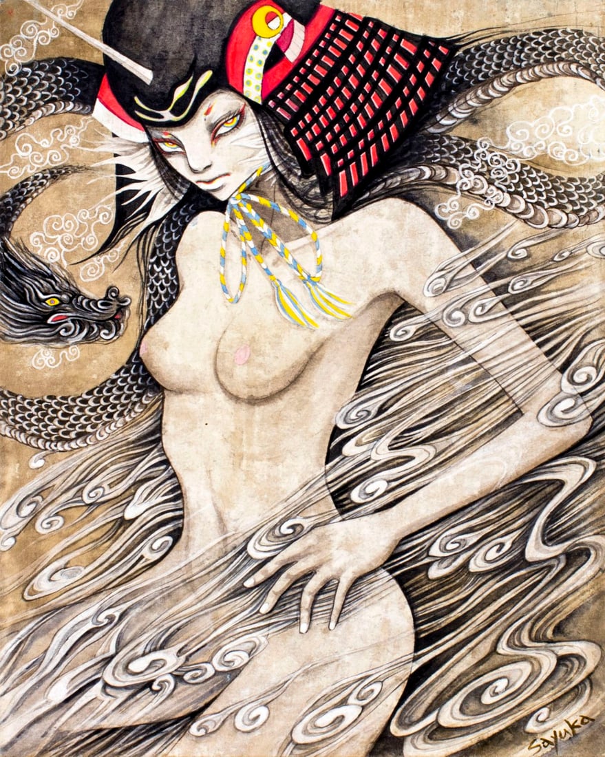 Sayuka Bloodstone (Japan,20/21C) mixed media painting: ARTIST: Sayuka Bloodstone (Japanese, 20/21 century) TITLE: Spirit Dragon MEDIUM: Mixed media on paper. Paper applied to board. CONDITION: Very good. ART SIZE: