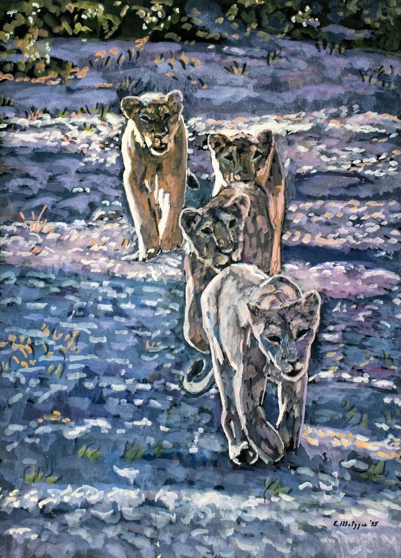 Evelyn Metzger (NY,Brazil,1911-2007) oil painting: ARTIST: Evelyn Borchard Metzger (New York, Brazilian, 1911 - 2007) TITLE: Lions (titled on verso) YEAR: 1995 MEDIUM: oil on board CONDITION: Some small