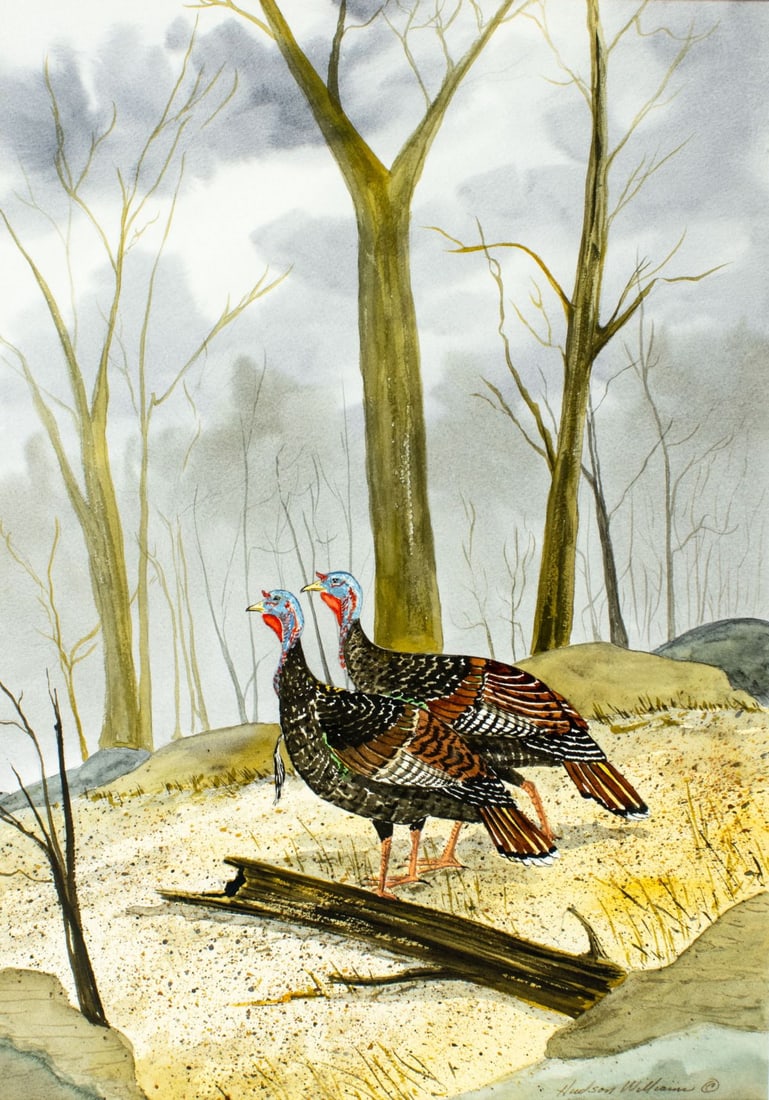 Hudson Williams (NC,20/21C) watercolor painting: ARTIST: Hudson Williams (North Carolina, 20/21 centuries) TITLE: Turkeys in Woods MEDIUM: watercolor on paper CONDITION: Very good. Framed under glass. ART SIZE:<