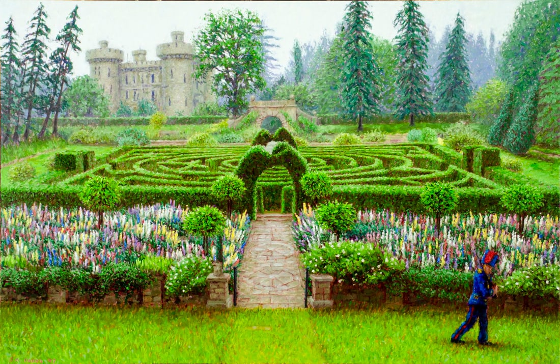 John Parks (NY,UK,b 1952) oil painting: ARTIST: John Alexander Parks (New York, United Kingdom, born 1952) TITLE: Leaving the Lupin Garden (titled on verso) YEAR: 1997 MEDIUM: oil on canvas CONDITION:</