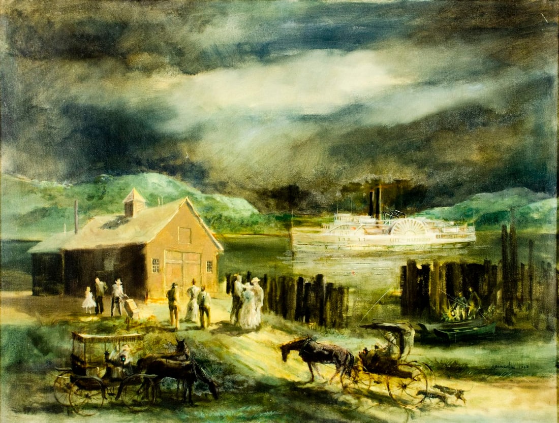 Aronsohn (US,mid 20C) oil painting: ARTIST: Aronsohn (American, mid 20 century) TITLE: Evening River Landscape YEAR: 1962 MEDIUM: oil on canvas CONDITION: Few small scratches/paint losses.