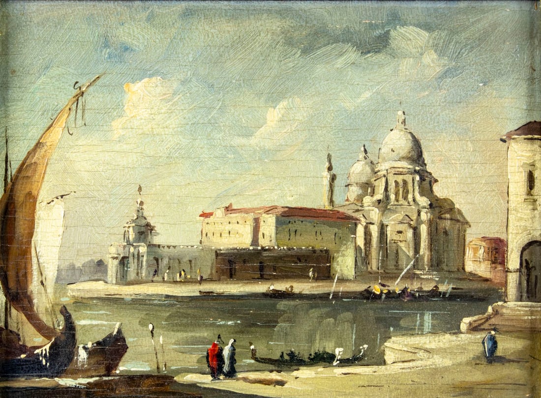 Vintage mid 20C Italian oil painting: ARTIST: - (Italy, mid 20 century) TITLE: Cityscape, Basilica Santa Maria della Salute, Venice, Italy MEDIUM: oil on board CONDITION: Few minor paint losses. Some horizonta