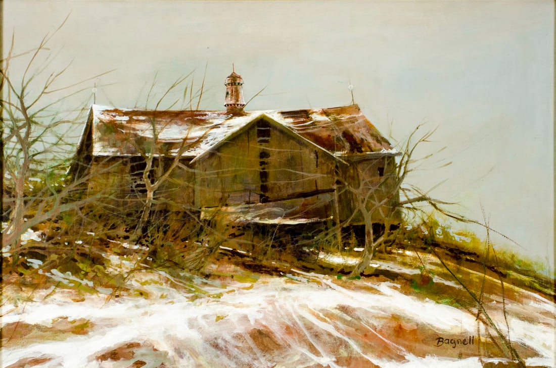 Stephen Bagnell (NJ,PA,1930-1996) oil painting: ARTIST: Stephen Bagnell (New Jersey, Pennsylvania, 1930 - 1996) TITLE: Old Barn MEDIUM: oil on board CONDITION: Overall good. No visible inpaint under UV light.