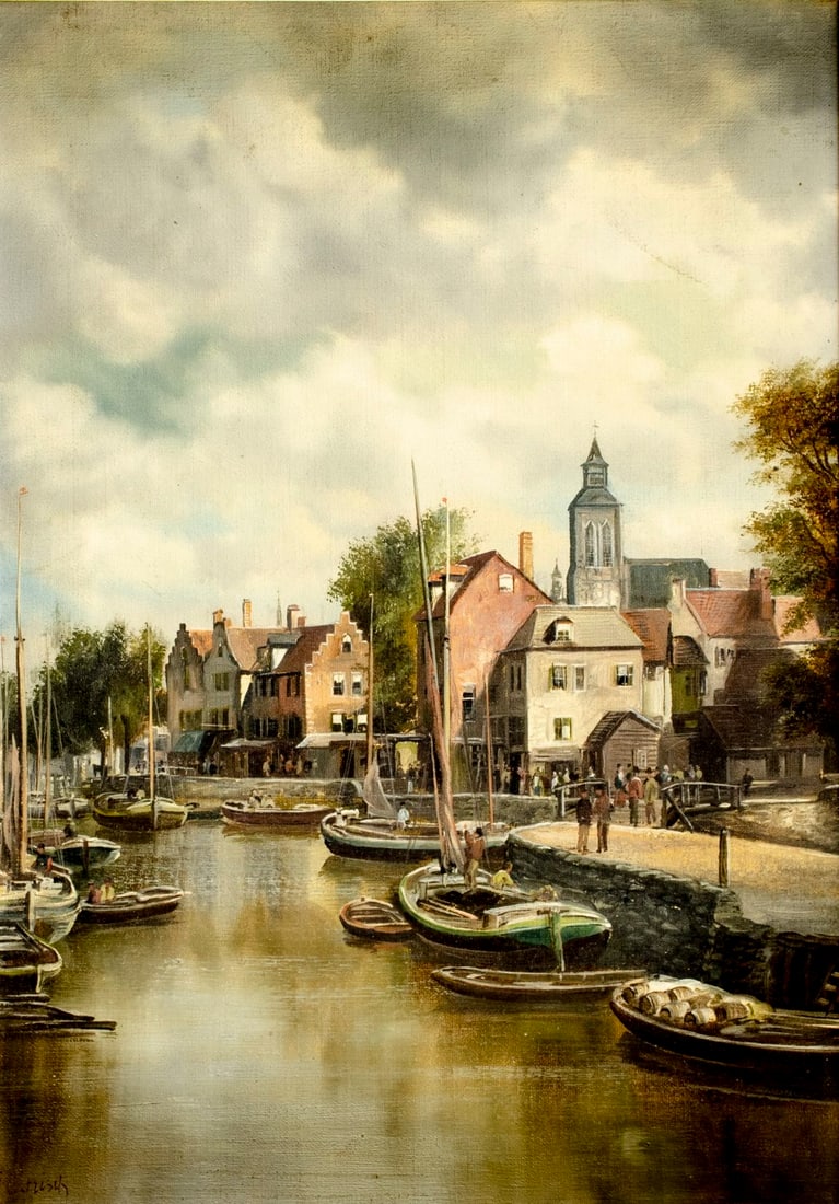 J C Frisch (Dutch,19C) oil painting antique: ARTIST: J C Frisch (Netherlands, 19 century) TITLE: Dutch Harbor Scene MEDIUM: oil on canvas CONDITION: One small patch. Few minor scratches/paint losses. No visible inpaint
