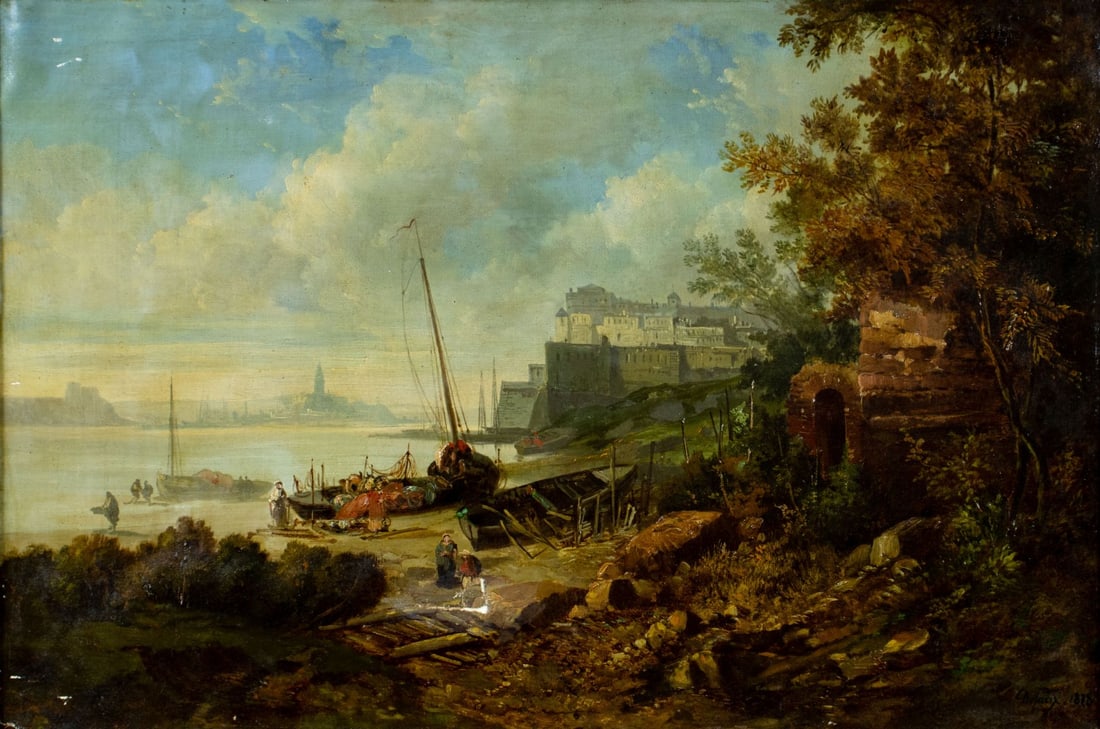 Alexandre DeFaux (France,1826-1900) oil painting antique: ARTIST: Alexandre DeFaux (French, 1826 - 1900) TITLE: Harbor Scene with Arab Traders YEAR: 1878 MEDIUM: oil on canvas CONDITION: Some small damage to t