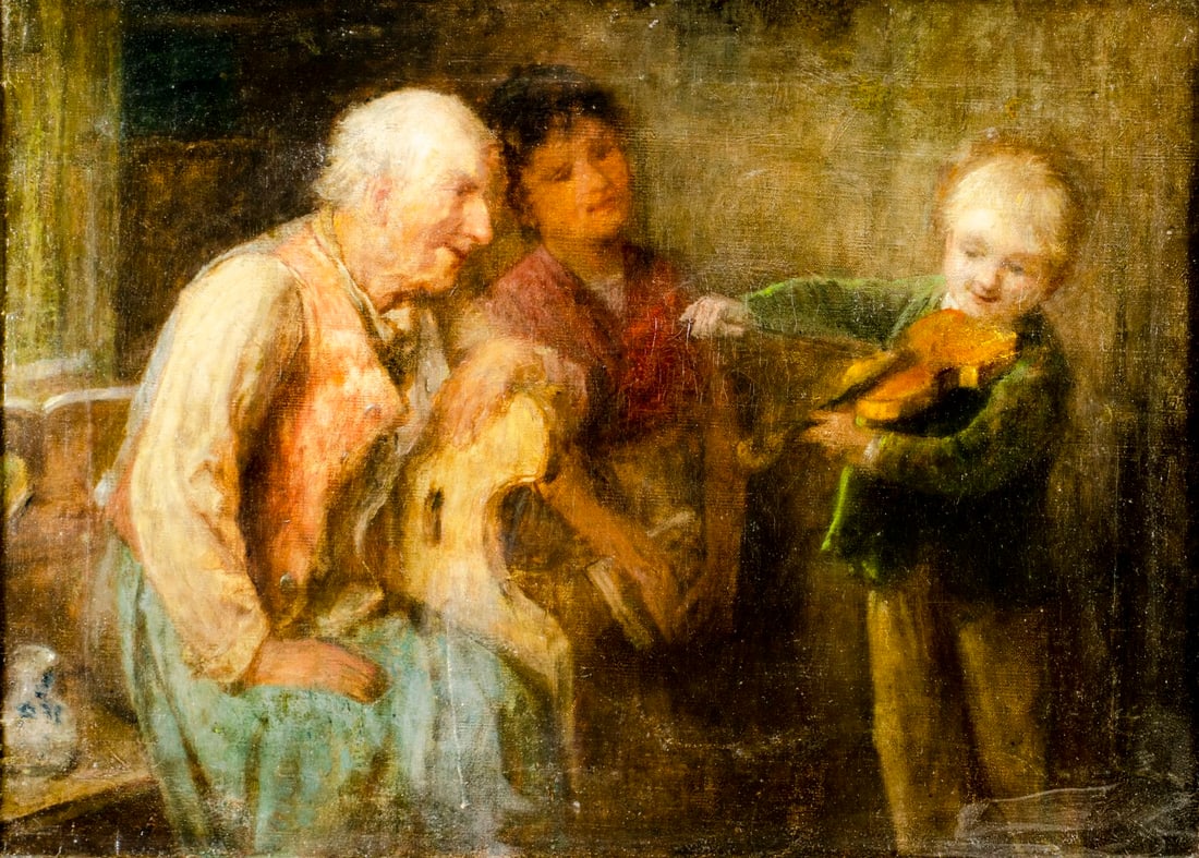 Antique 19C Austrian oil painting: ARTIST: - (Austria, 19 century) TITLE: Little Violin Player MEDIUM: oil on canvas CONDITION: Some small scratches/paint losses mostly by the lower edge. Minor craquelure.