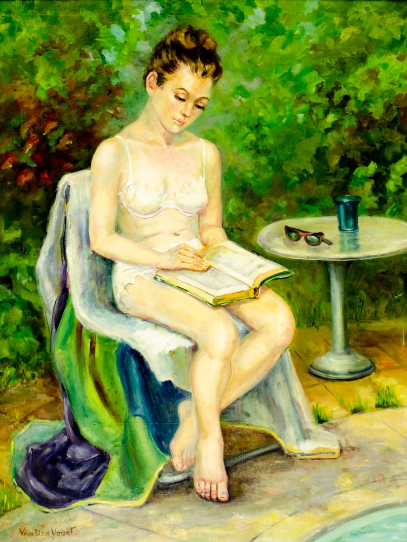 Amanda Venelia Van Der Voort (CT,OH,?-1980) oil painting: ARTIST: Amanda Venelia Van Der Voort (Connecticut, Ohio, ??? - 1980) TITLE: Deanna - By the Pool (titled on verso) MEDIUM: oil on canvas CONDITION: Few small scratches/pai