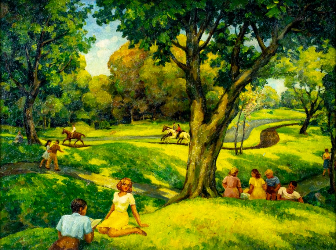 Henri Oren (CT,Ukraine,1895-1953) oil painting: ARTIST: Henri Oren (Connecticut, Ukrainian, 1895 - 1953) TITLE: Park Scene YEAR: 1947 MEDIUM: oil on canvas CONDITION: Relined. Some paint losses. Some