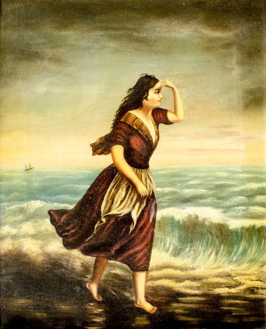 Antique 19C American oil painting: ARTIST: - (American, 19 century) TITLE: Woman and the Sea MEDIUM: oil on canvas CONDITION: One small patch. Few minor paint losses. Minor craquelure. Few scattered small i