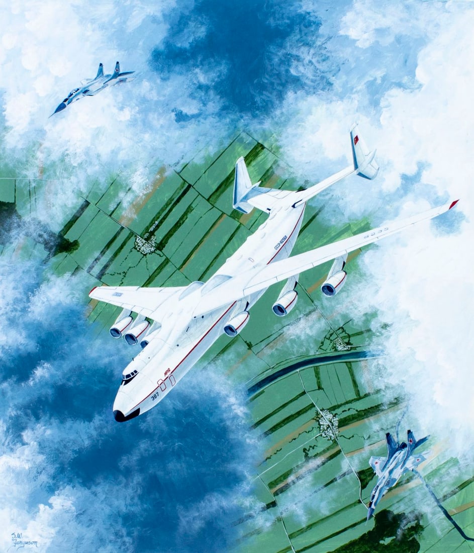 Steve Ferguson (US,b 1946) gouache painting: ARTIST: Steve Ferguson (American, born 1946) TITLE: Plane Antonov AN-225 Mirya YEAR: 2003 MEDIUM: gouache and watercolor on board CONDITION: Very good.
