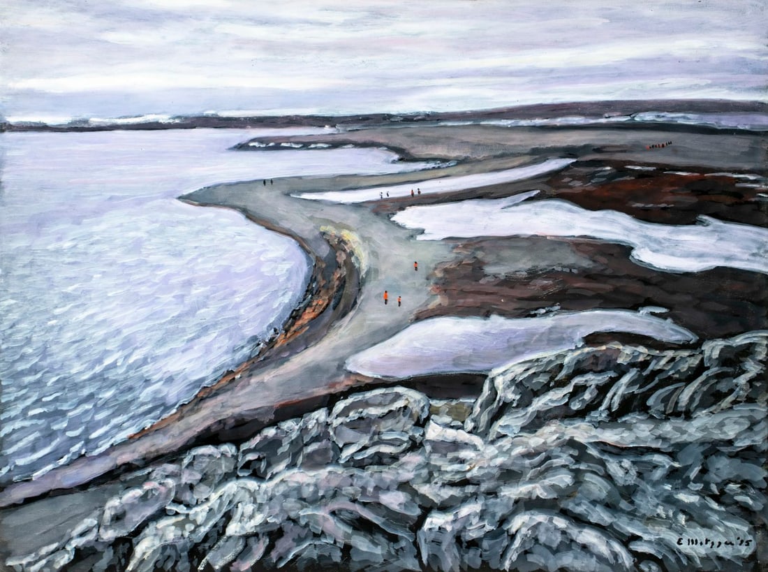 Evelyn Metzger (NY,Brazil,1911-2007) oil painting: ARTIST: Evelyn Borchard Metzger (New York, Brazilian, 1911 - 2007) TITLE: Norway Arctic Landscape - View from Cliff III (titled on verso) YEAR: 1995 MEDIUM: oil on board