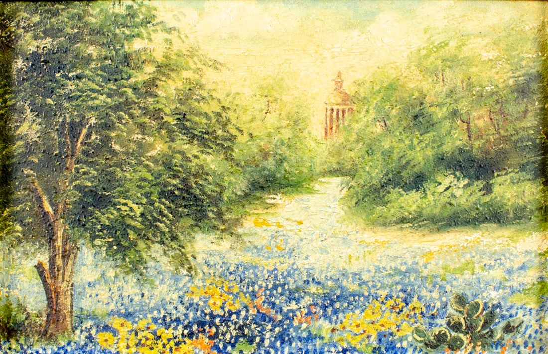Antique early 20C Texas oil painting: ARTIST: - (Texas, early 20 century) TITLE: Bluebonnets Landscape MEDIUM: oil on board CONDITION: Few small paint losses. Very minor craquelure. No visible inpaint under UV