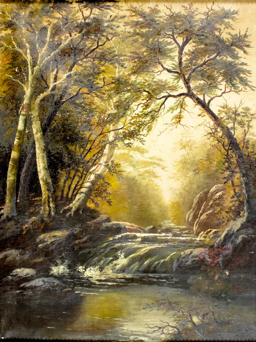 Antique 19C American oil painting: ARTIST: - (American, 19 century) TITLE: Forest Stream Landscape MEDIUM: oil on canvas CONDITION: One small patch. Some flaking/paint losses (see pictures carefully). Some