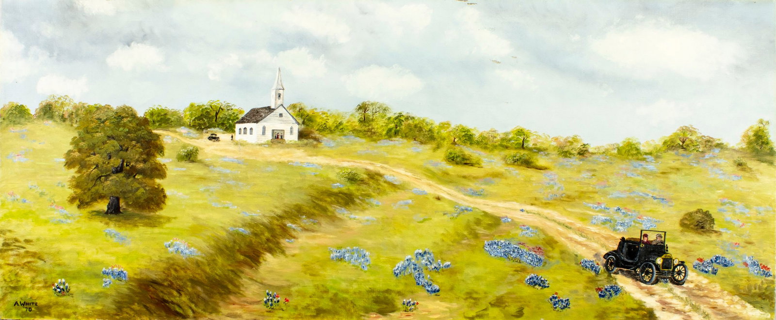 A White (US,20C) oil painting: ARTIST: A White (American, 20 century) TITLE: Bluebonnets Landscape - Simmons Sunday YEAR: 1970 MEDIUM: oil on canvas CONDITION: Some paint losses. No vi